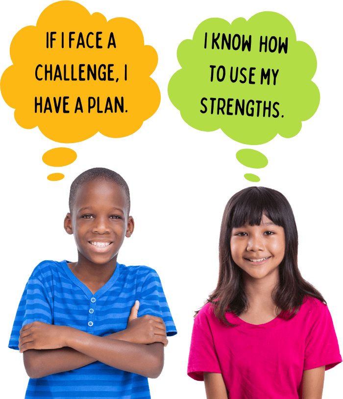 2 children with thought bubles of resilience